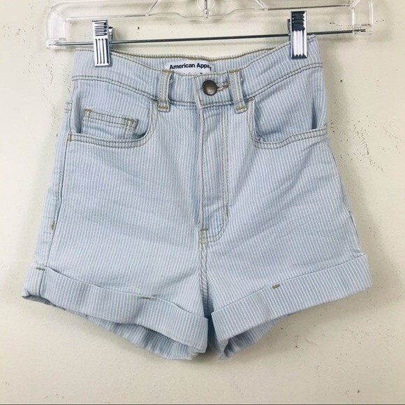 American Apparel High Waisted Striped Denim Jean Shorts Size 24 Light Blue Retro - Picture 11 of 15